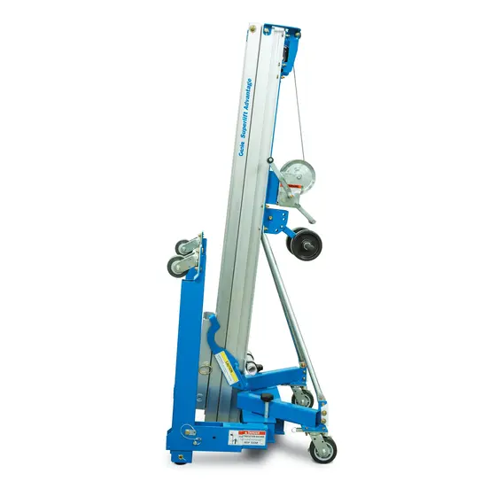 Blue and silver GENIE Material Lift, 700-1,000 lbs., 6 ft.-12 ft., Manual