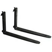 Front view of a black forklift fork attachment with two metal forks extended.